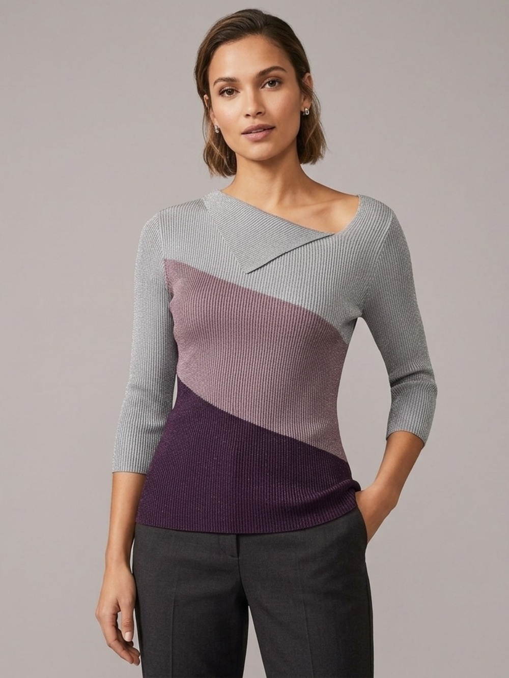 Purple Gray Colourblock Pleated Pleats Springy Stretchy Long Sleeve Top - Small